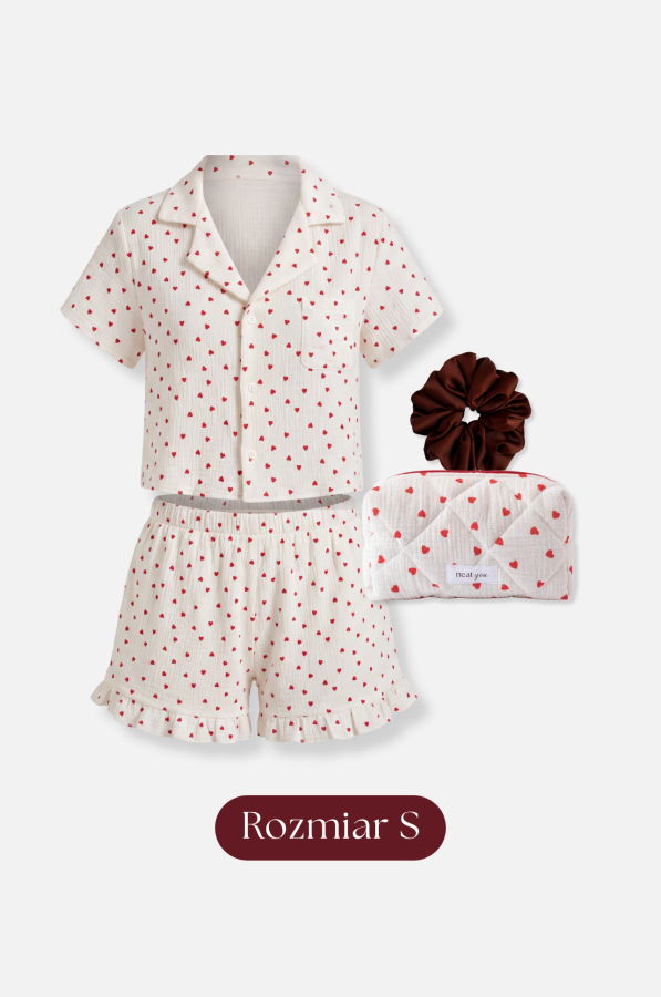 Zestaw Sweet Heart - muślinowa piżama w serca (rozmiar S) + muślinowa kosmetyczka + brązowa scrunchie