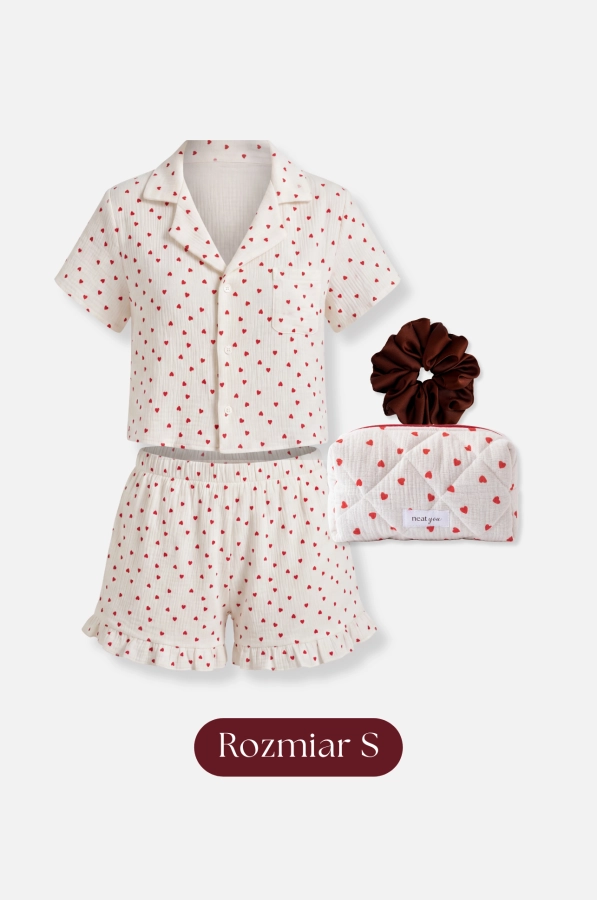 Zestaw Sweet Heart - muślinowa piżama w serca (rozmiar S) + muślinowa kosmetyczka + brązowa scrunchie